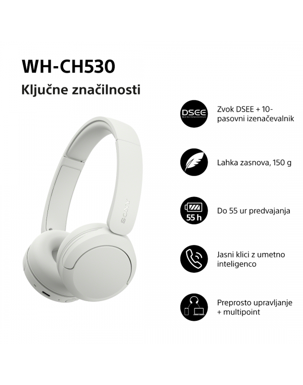 WH-CH530W Bele brezžične slušalke za odličen zvok WH-CH530W Bele brezžične slušalke za odličen zvok