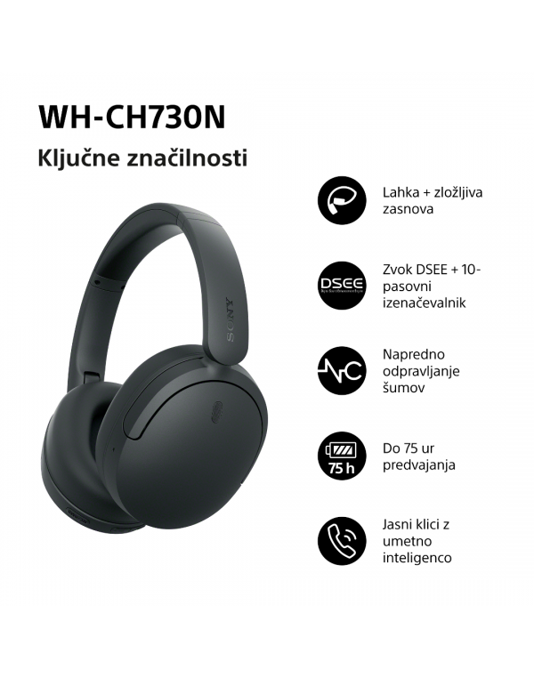 WH-CH730NB Črne brezžične slušalke z odpravljanjem šumov